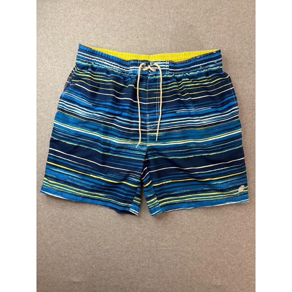 Caribbean Joe Mens XL Blue Lime Green Striped Swim Trunks Mesh Lined‎ Shorts
